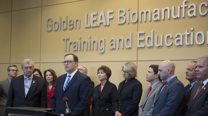 Rep. D. Craig Horn and Sen. Chad Barefoot speak about a proposal for the North Carolina Teaching Fellows program during a press conference at NC State's Biomanufacturing Training and Education Center on March 9. Christine T. NguyenThe North State Journal